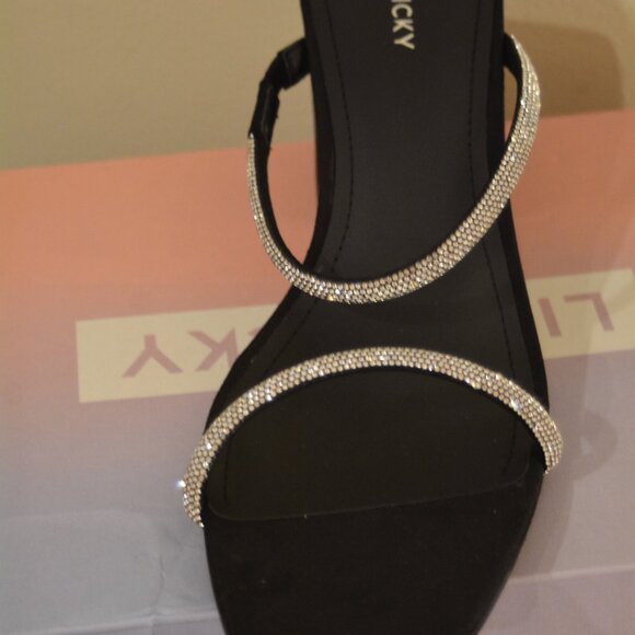 Lisa Vicky Mood Black Microsuede Block Heel Sandal Rhinestone Straps Sz 10 NIB - Picture 3 of 6